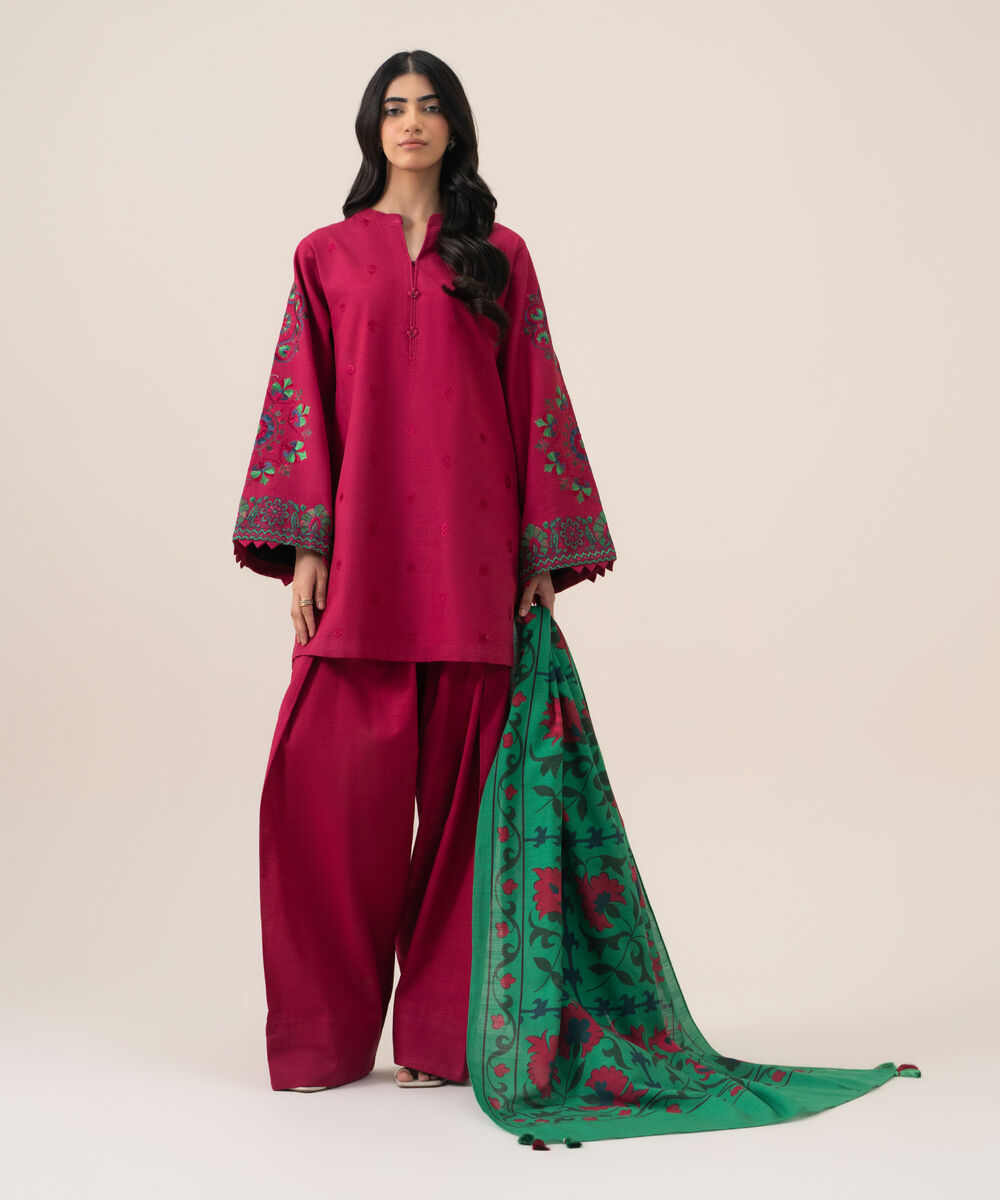 Women's Unstitched Basic Khaddar Embroidered Pink 3 Piece Suit