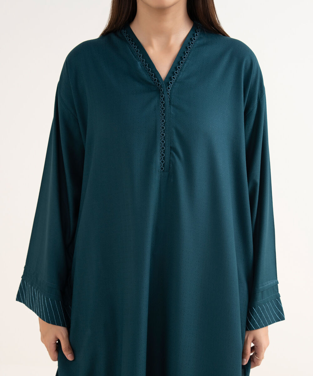 Women's RTW Textured Arabic Green Solid Drop Shoulder Shirt