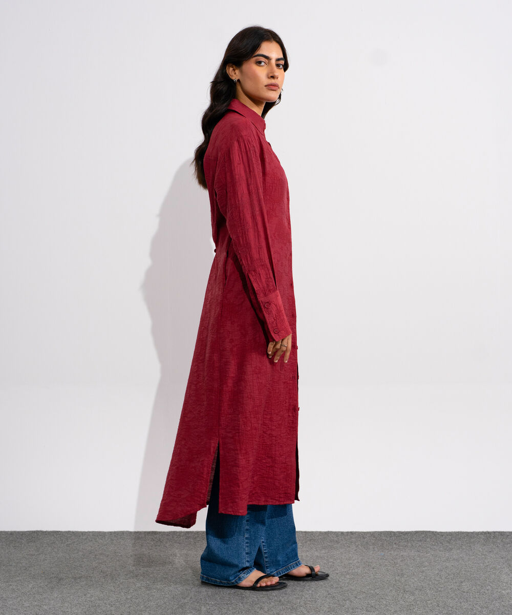 Women's Red Textured Button Through Dress