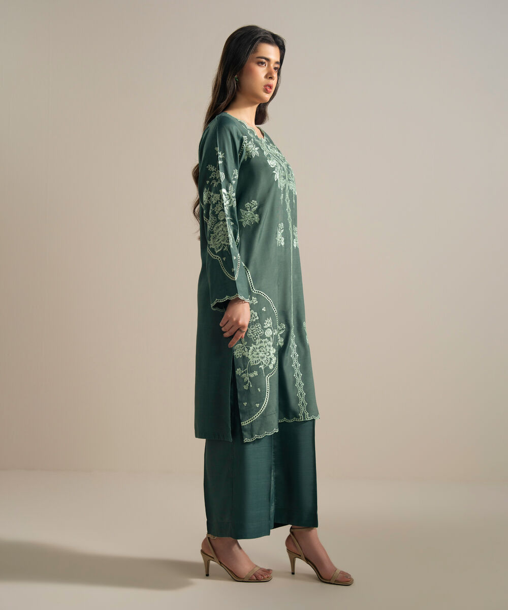 Women's RTW Viscose Raw Silk Embroidered Green 2 Piece Suit