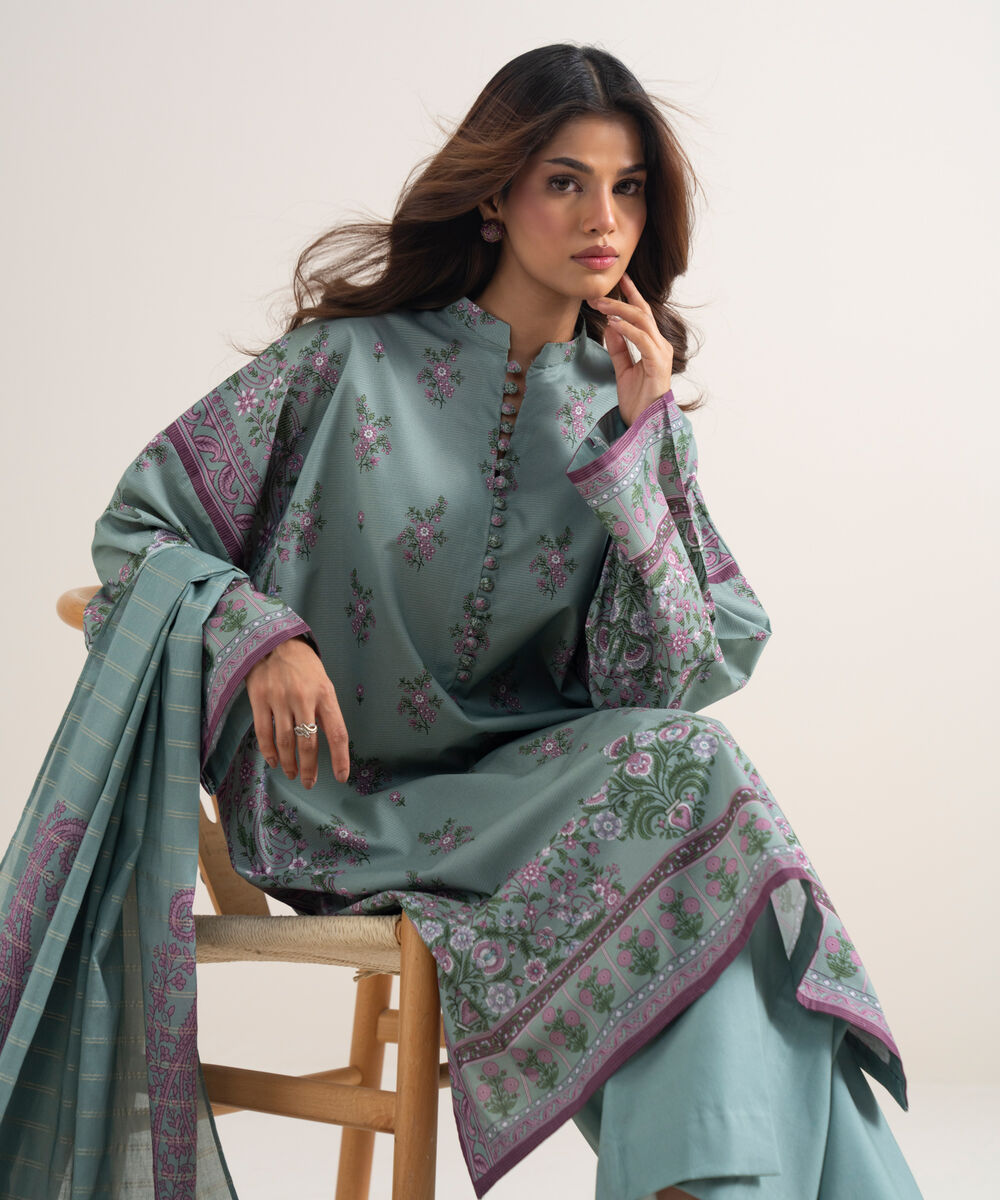 Women's Unstitched Zari Lawn Printed Grey 3 Piece Suit