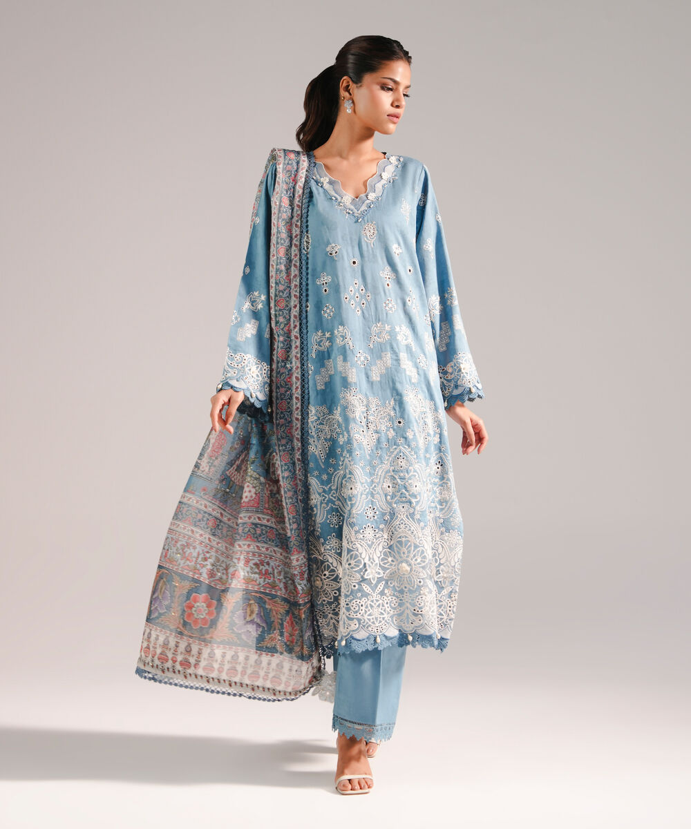 Women's RTW Self Jacquard Embroidered Blue 3 Piece Suit