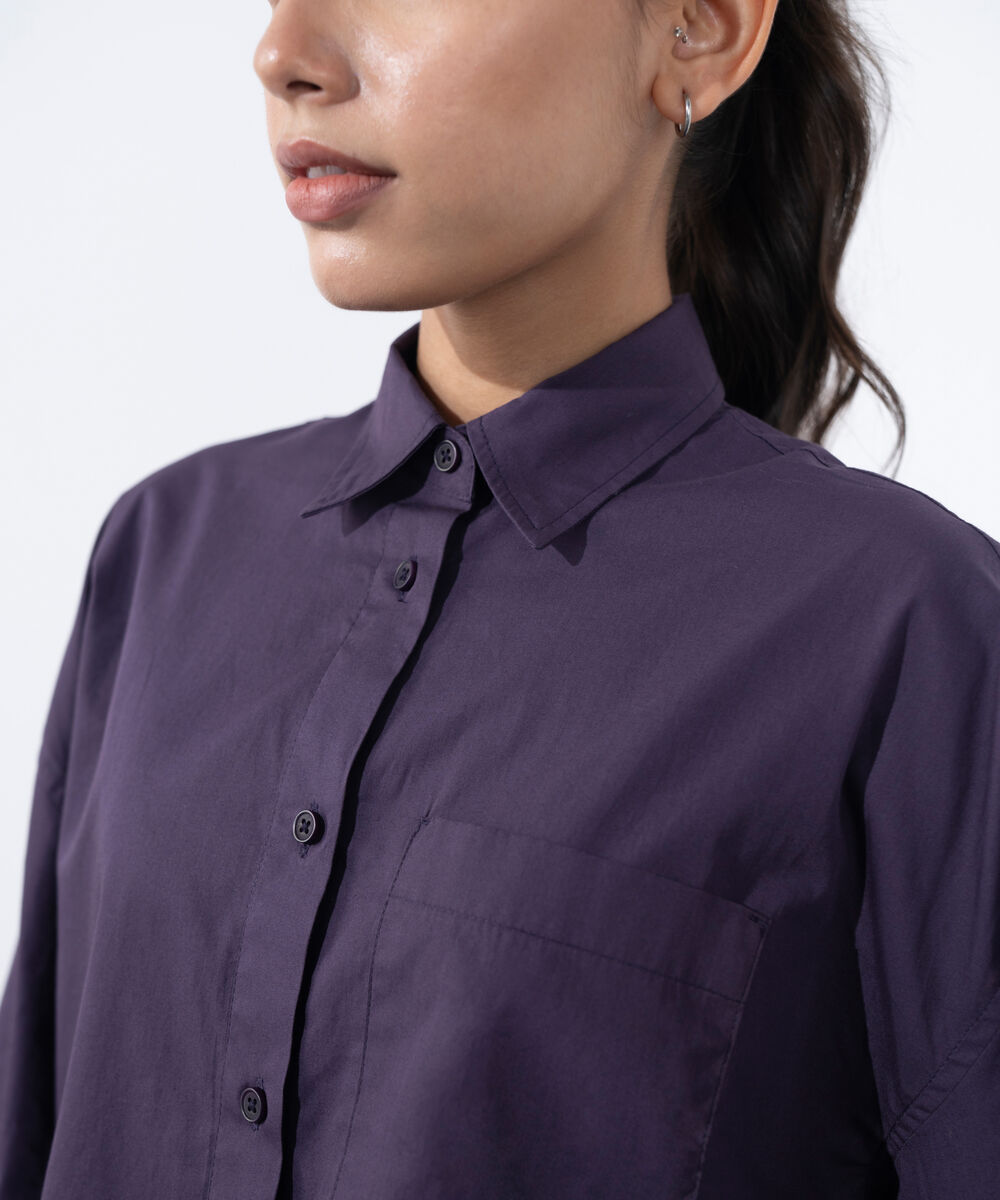 Women's Western Wear Purple Crop Shirt With Overlapped Cuff