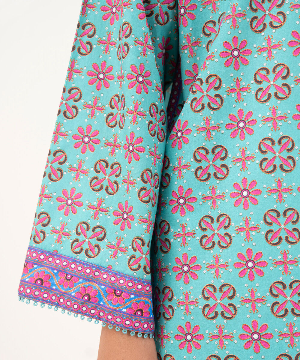 Women's RTW Cambric Teal Printed A-Line Shirt