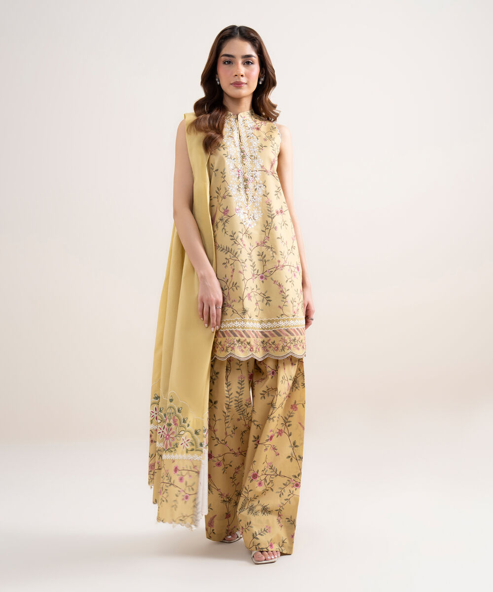 Women's Unstitched Lawn Embroidered Yellow 3 Piece Suit