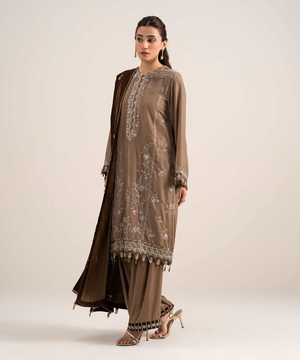 Women's Unstitched Embroidered Velvet Beige 3 Piece Suit