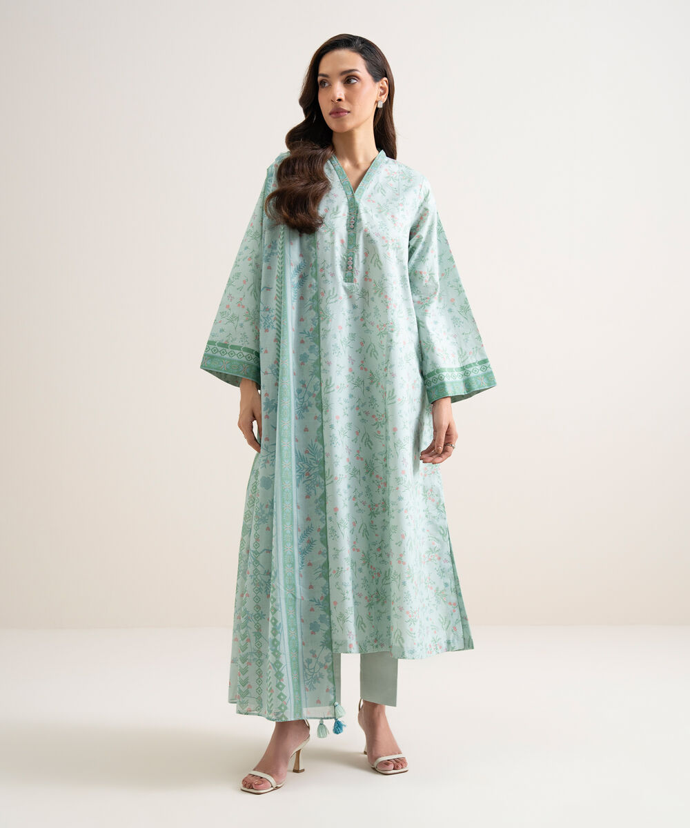 Women's Unstitched Lawn Printed Blue 3 Piece Suit