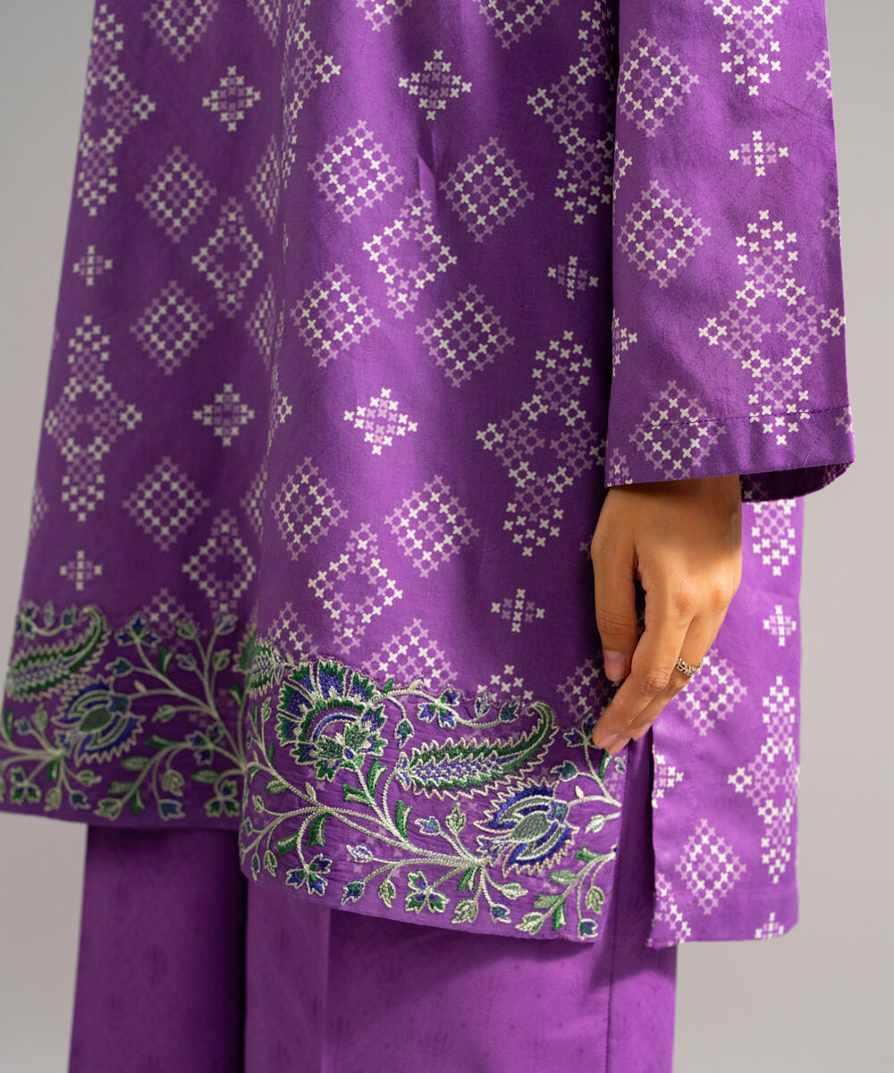 Women's RTW Self Jacquard Embroidered Purple 3 Piece Suit