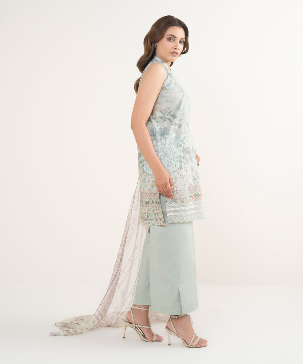 Women's Unstitched Lawn Embroidered Green 3 Piece Suit