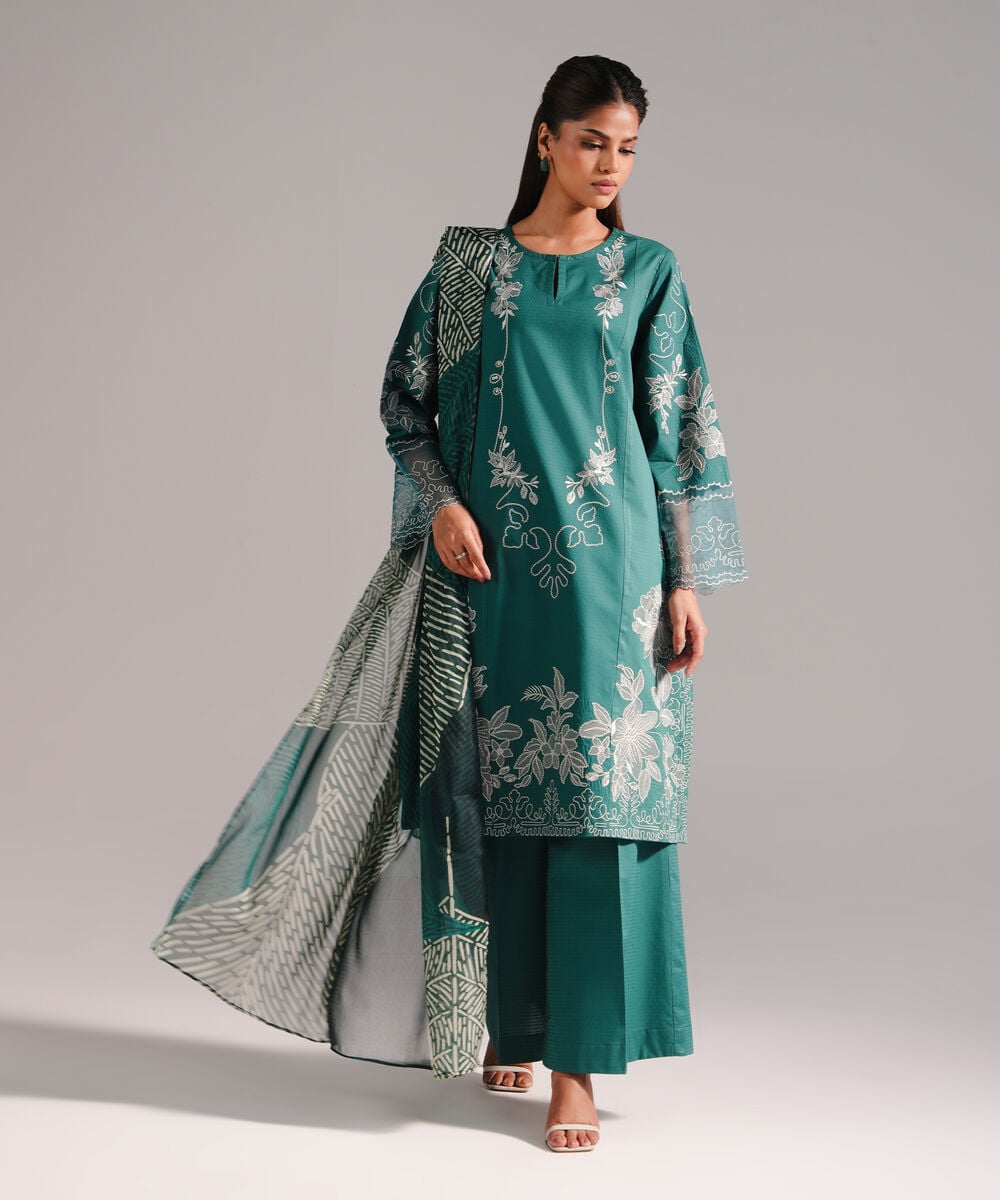 Women's RTW Dobby Embroidered Teal 3 Piece Suit