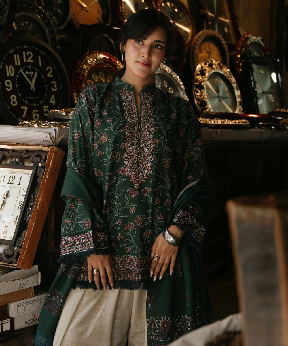 Women's Unstitched Premium Khaddar Embroidered Green 3 Piece Suit