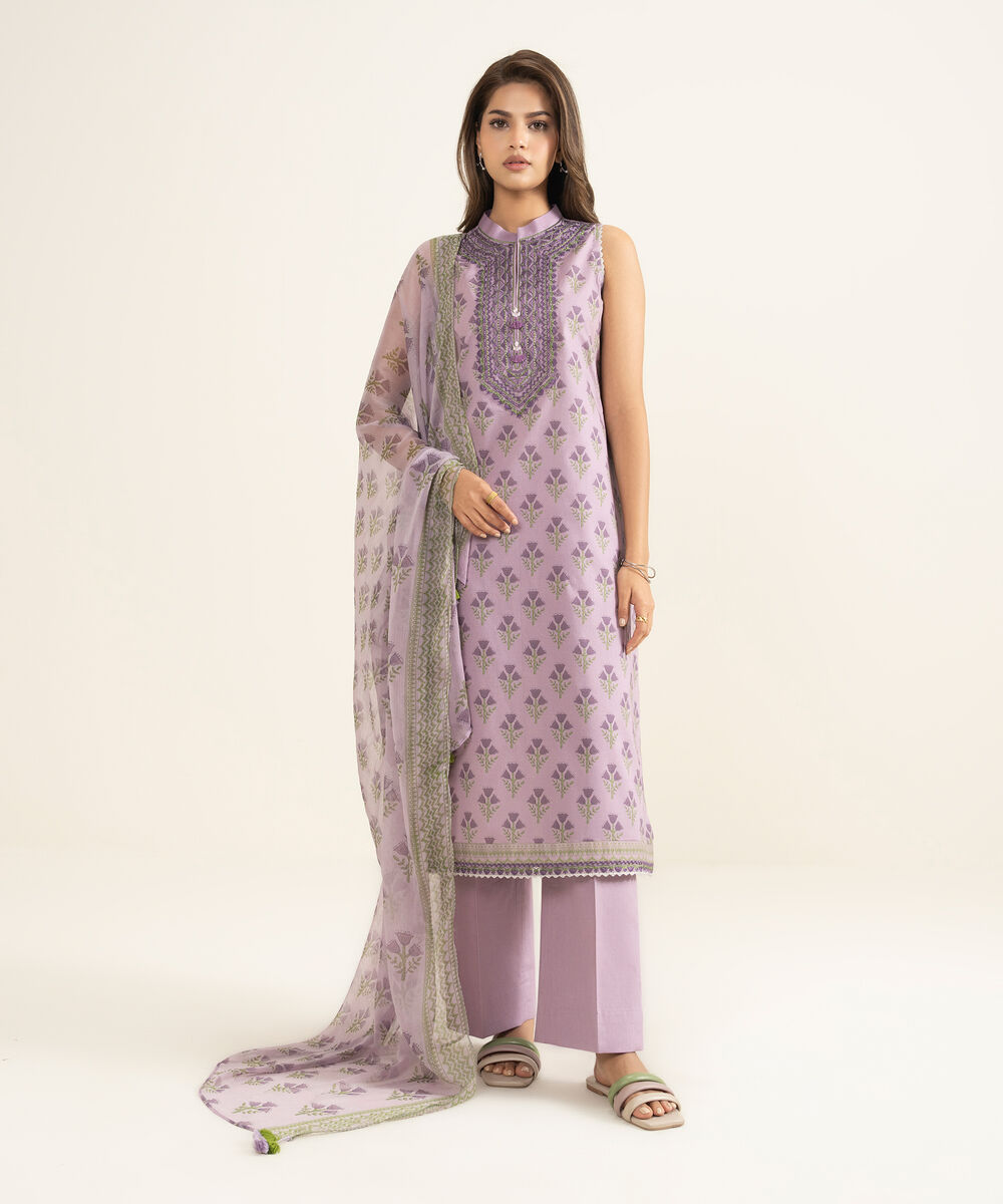 Women's Unstitched Lawn Embroidered Purple 3 Piece Suit