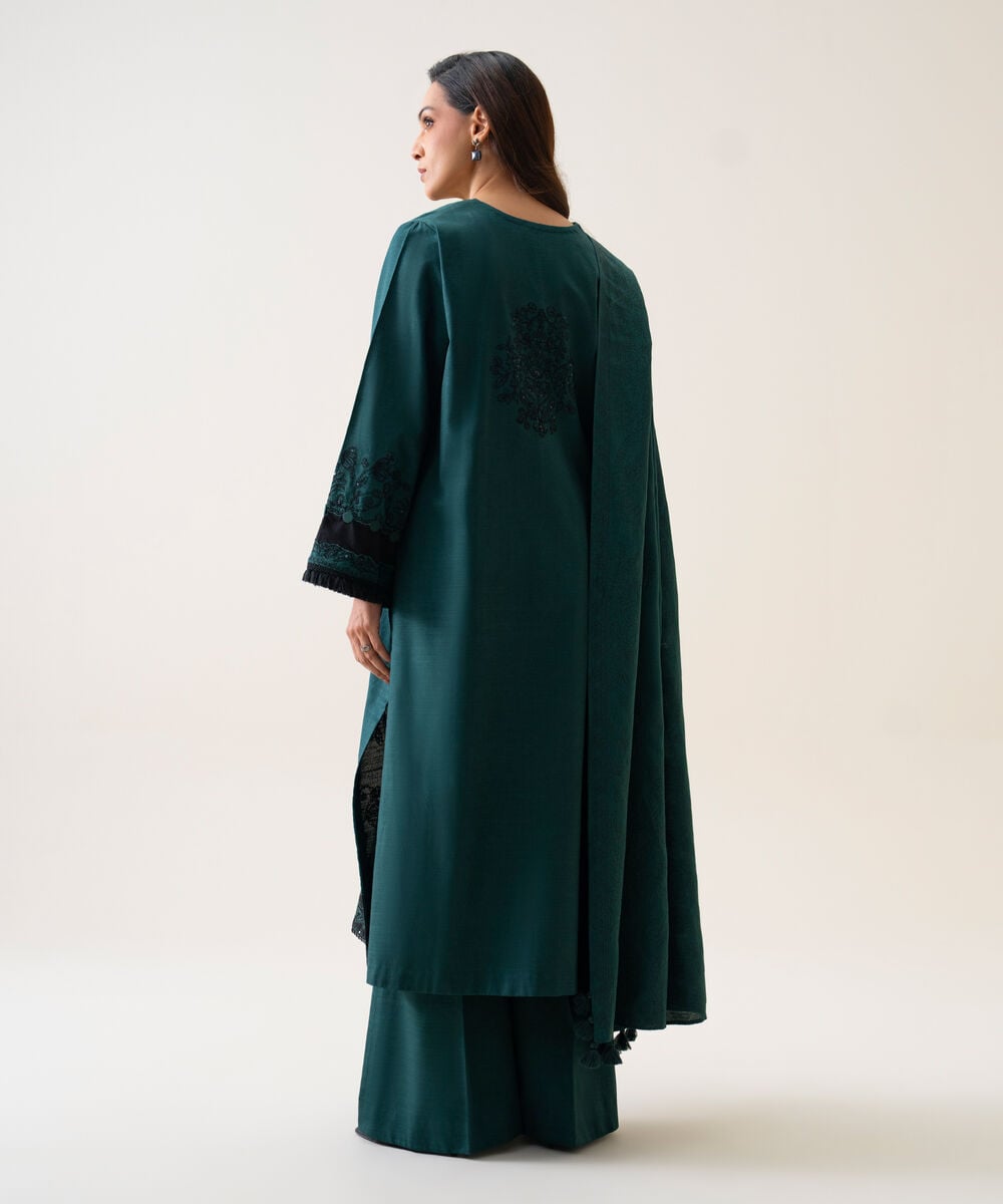Women's Unstitched Light Khaddar Embroidered Teal 3 Piece Suit