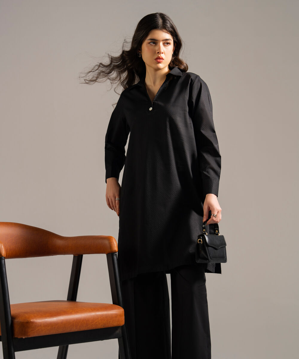 Women's RTW Dobby Solid Black Straight Shirt