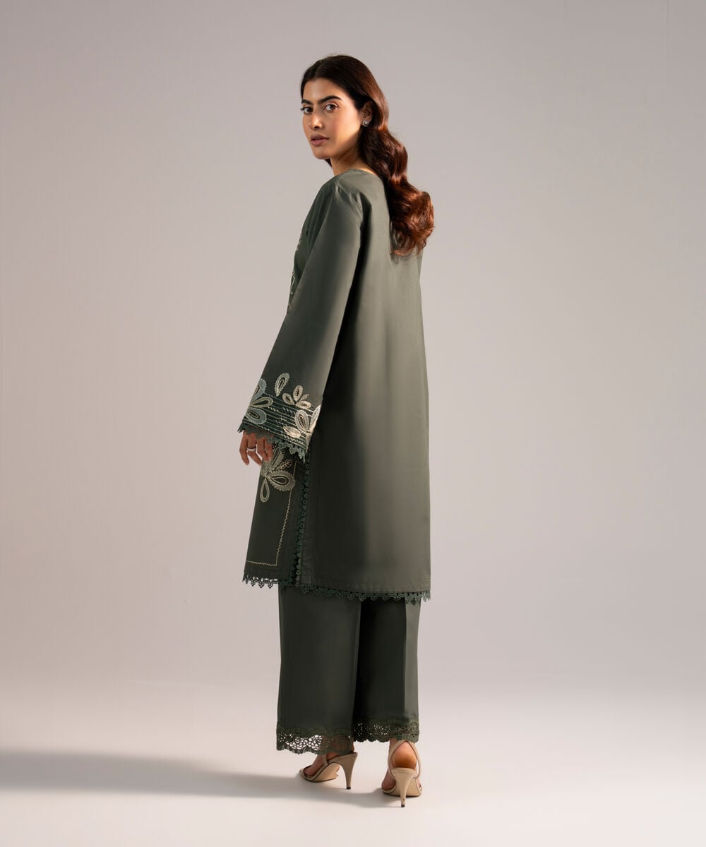 Women's RTW Cambric Embroidered Dark Green A-Line Shirt
