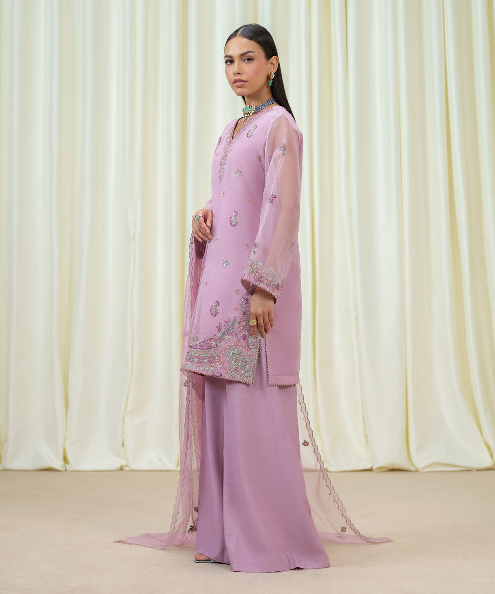 Women's Unstitched Blended Organza Embroidered Purple 3 Piece Suit