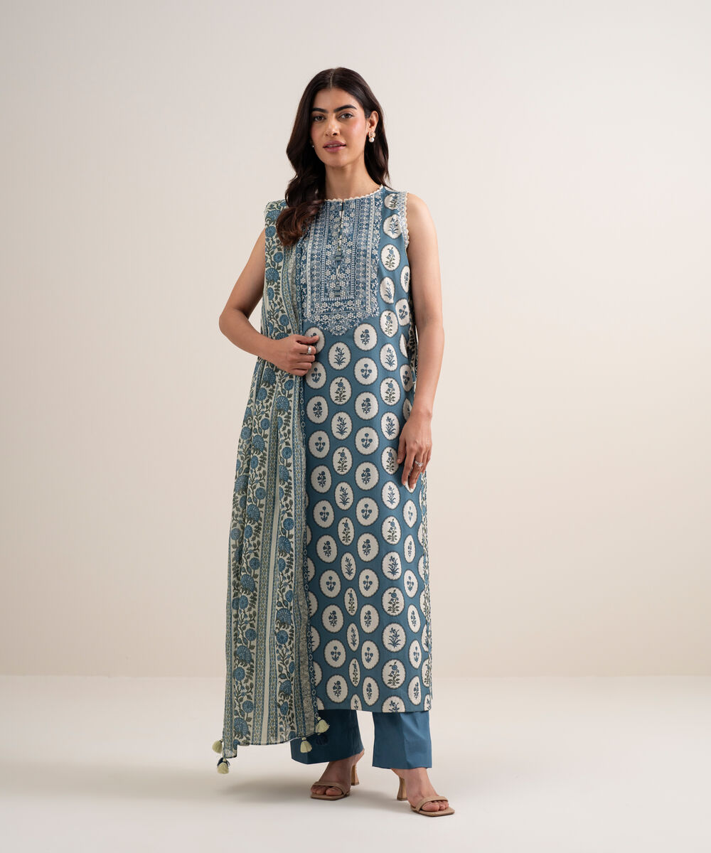 Women's Unstitched Lawn Embroidered Off White and Blue 3 Piece Suit