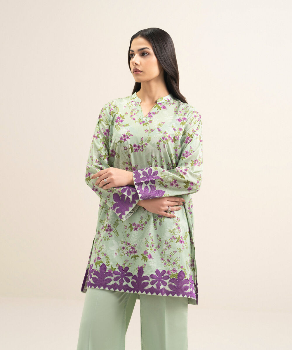Women's RTW Slub Lawn Embroidered Green Straight Shirt