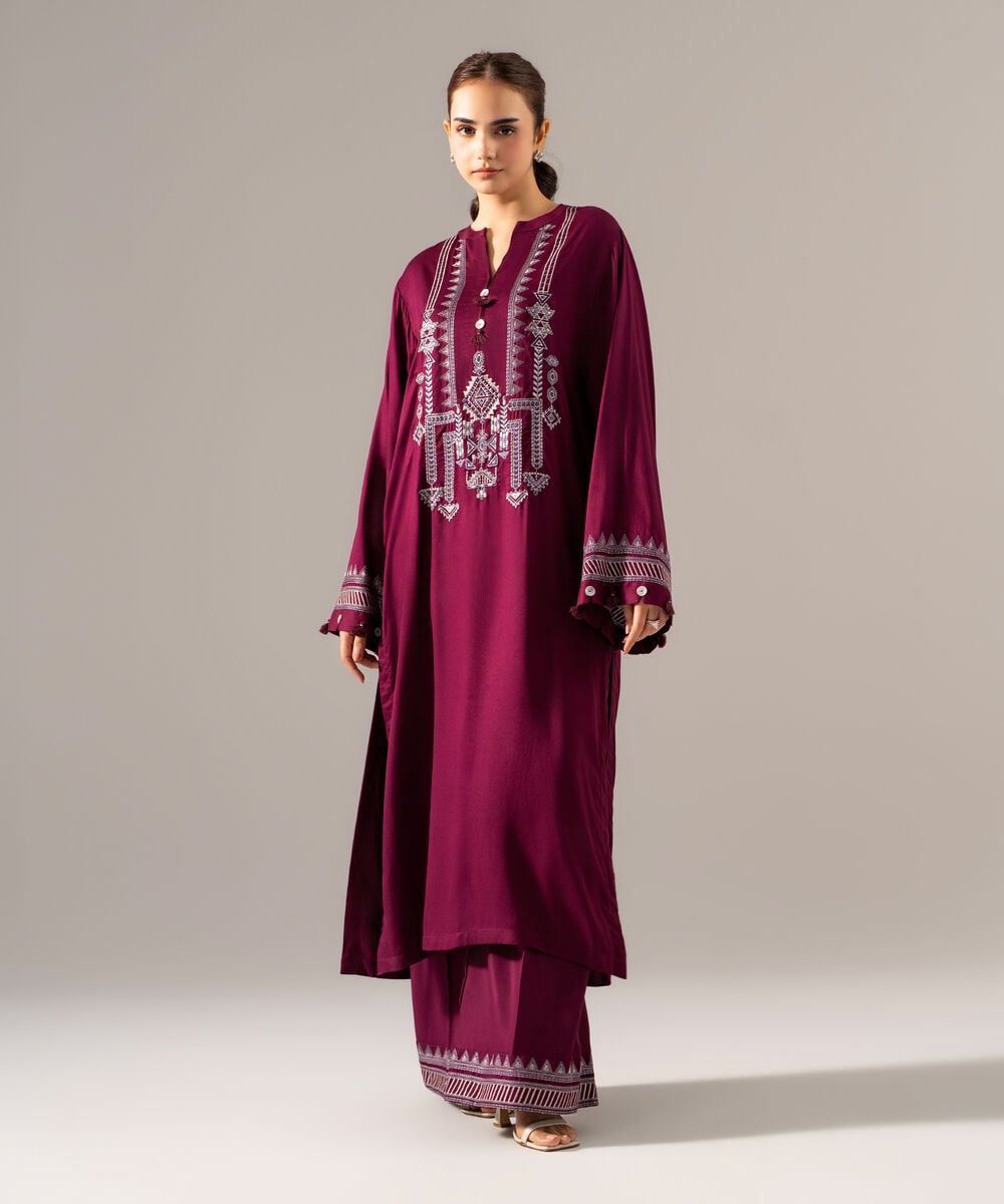 Women's RTW Bedford Solid Embroidered Purple Boxy Shirt