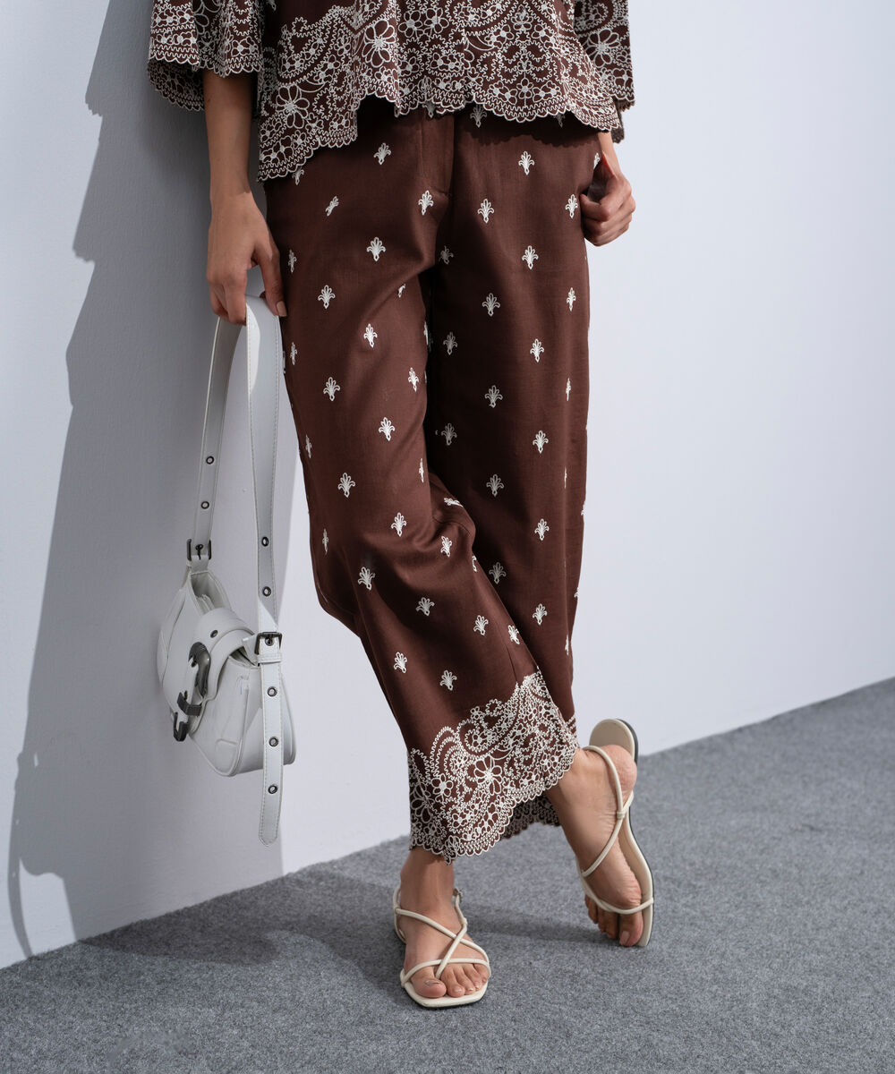 Women's Western Brown Embroidered Straight-Fit Trousers
