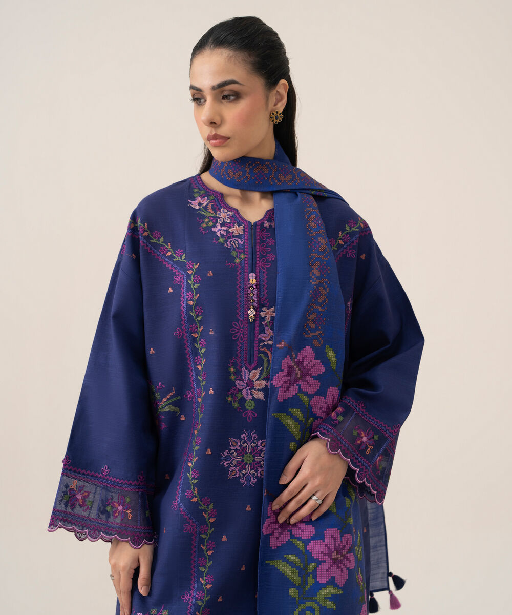 Women's Unstitched Premium Khaddar Embroidered Blue 3 Piece Suit