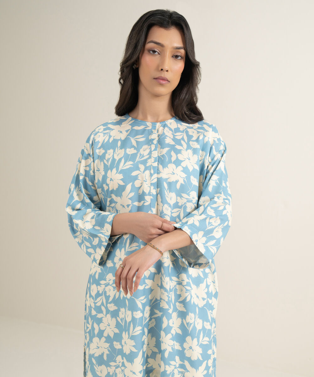 Women's RTW Arabic Cambric Printed Blue Drop Shoulder Shirt
