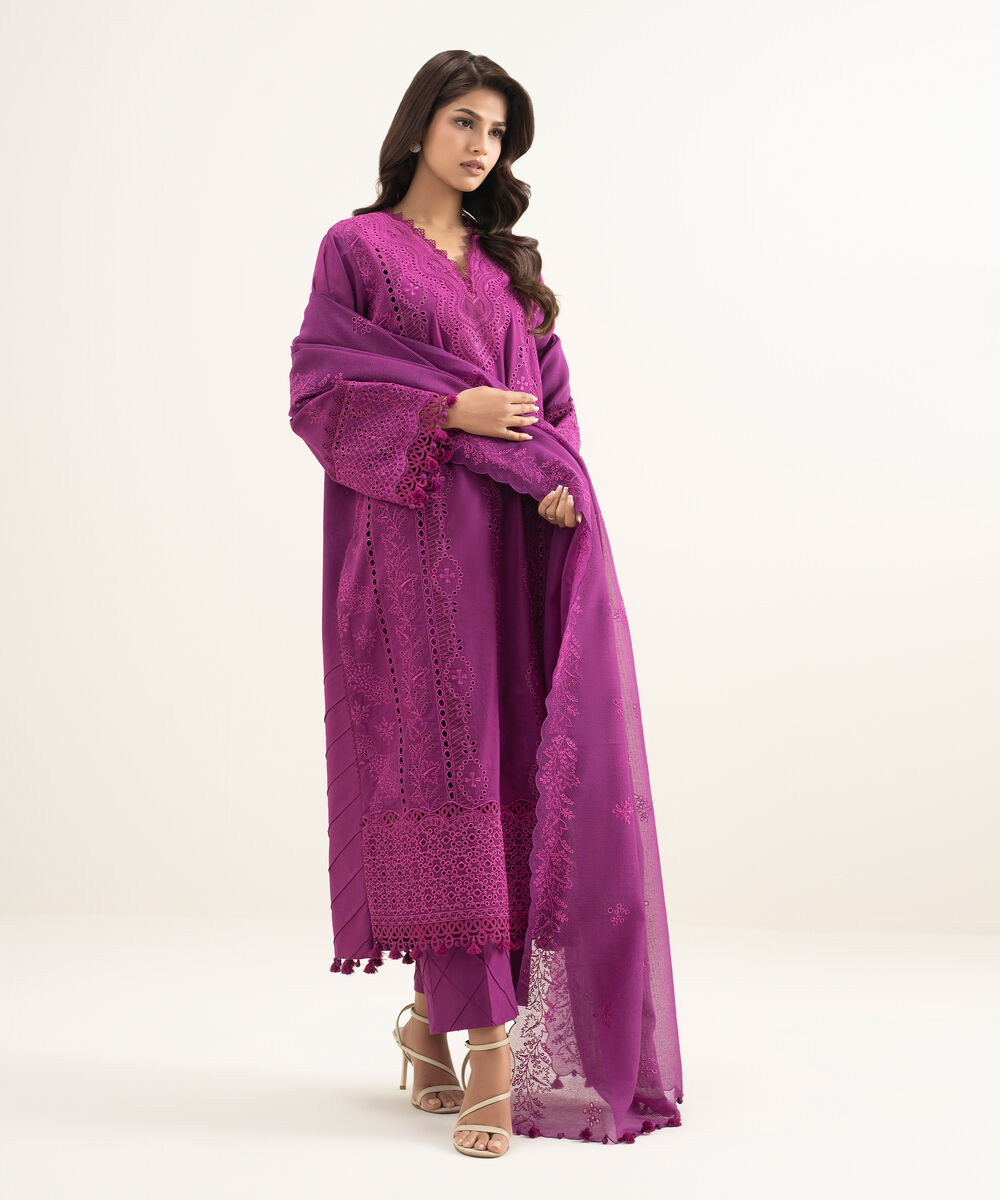 Women's Unstitched Textured Lawn Embroidered Purple 3 Piece Suit