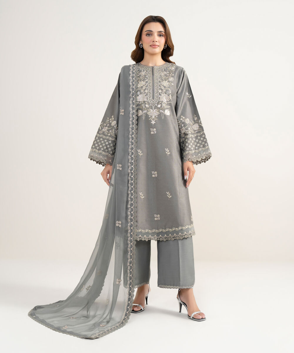 Women's Unstitched Cotton Net Embroidered Grey 3 Piece Suit