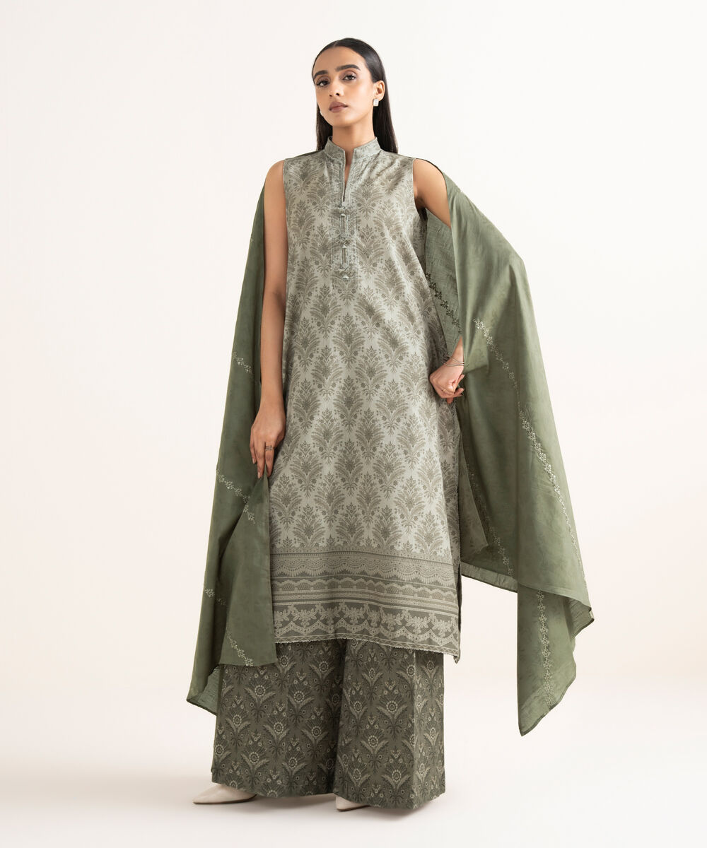 Women's Unstitched Cross Hatch Embroidered Beige 3 Piece Suit