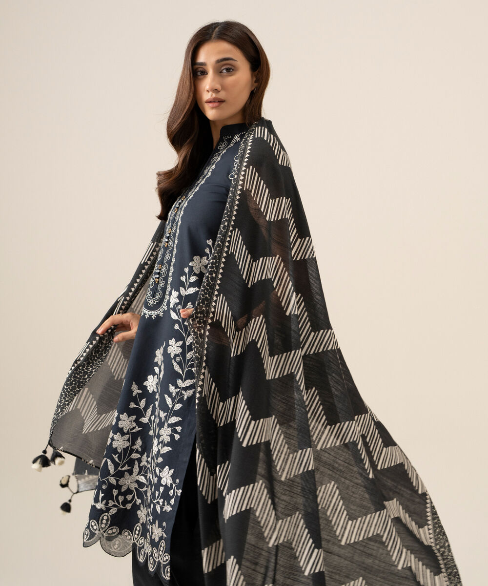 Women's Unstitched Basic Khaddar Embroidered Black 3 Piece Suit