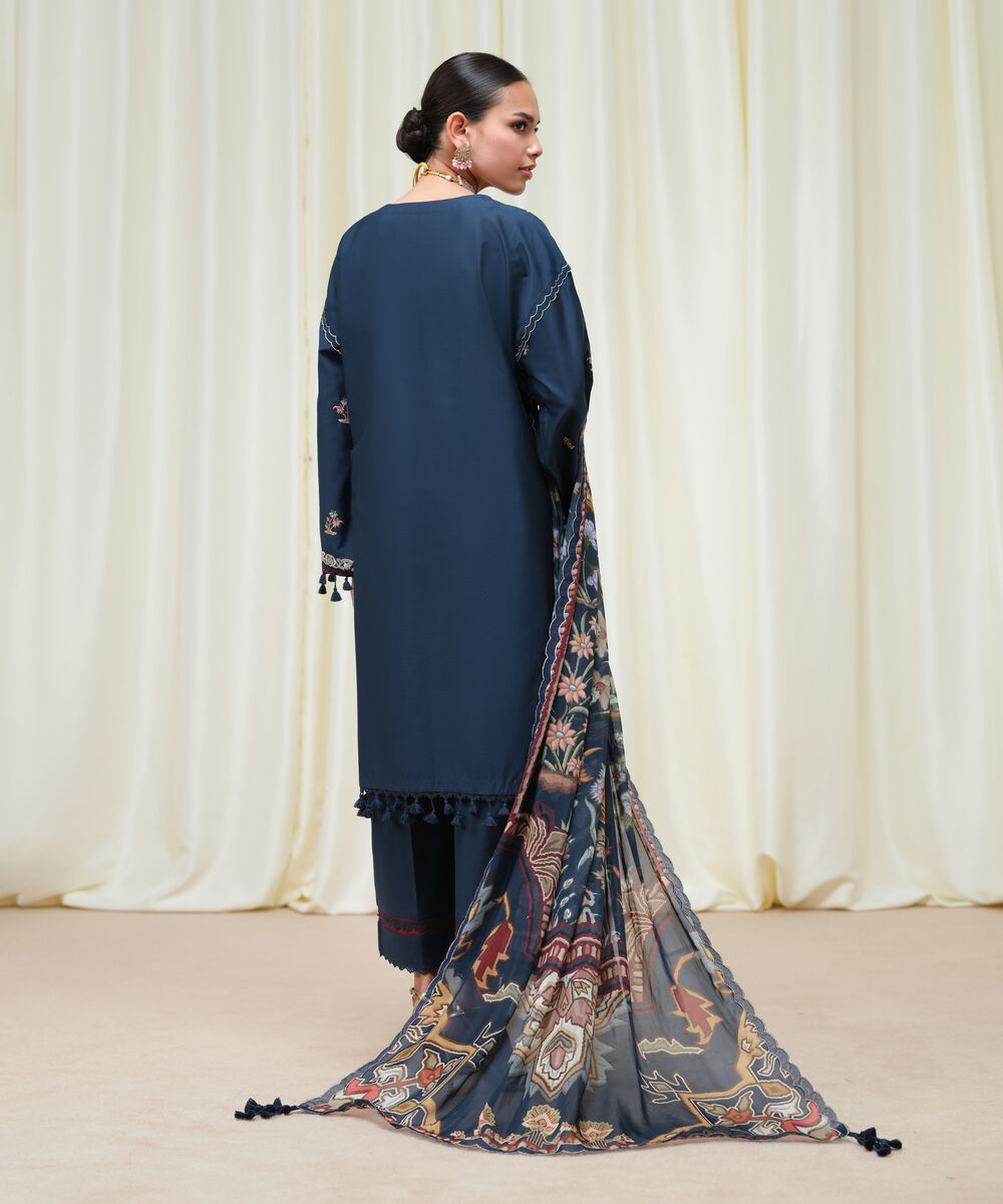 Women's Unstitched Fine Cotton Satin Embroidered Blue 3 Piece Suit