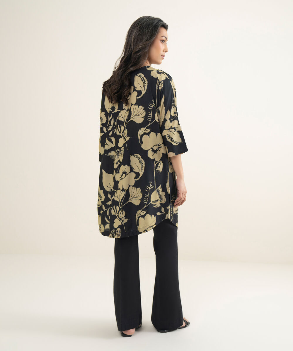 Women's RTW Arabic Cambric Printed Black Drop Shoulder Shirt