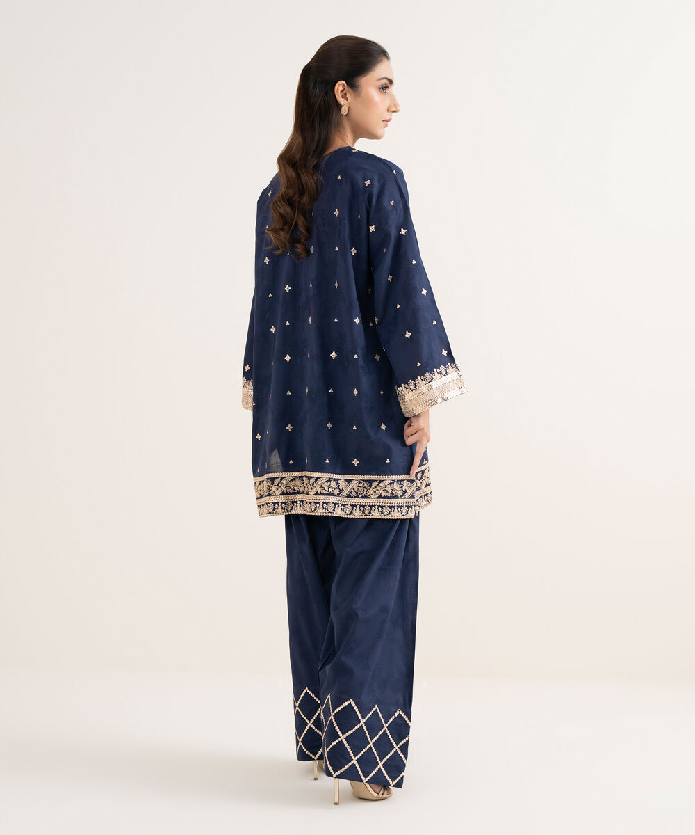 Women's RTW Self Jacquard Embroidered Straight Blue Shirt