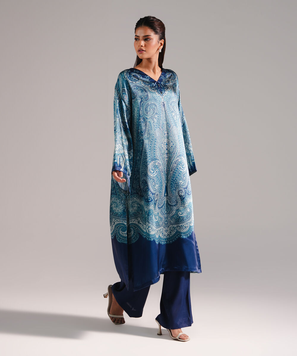 Women's RTW Blended Satin Solid Dark Blue 2 Piece Suit