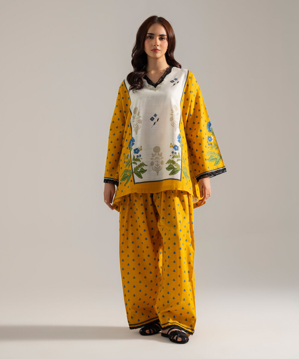 Women's RTW Printed Yellow Khaddar Flared A-Line Shirt