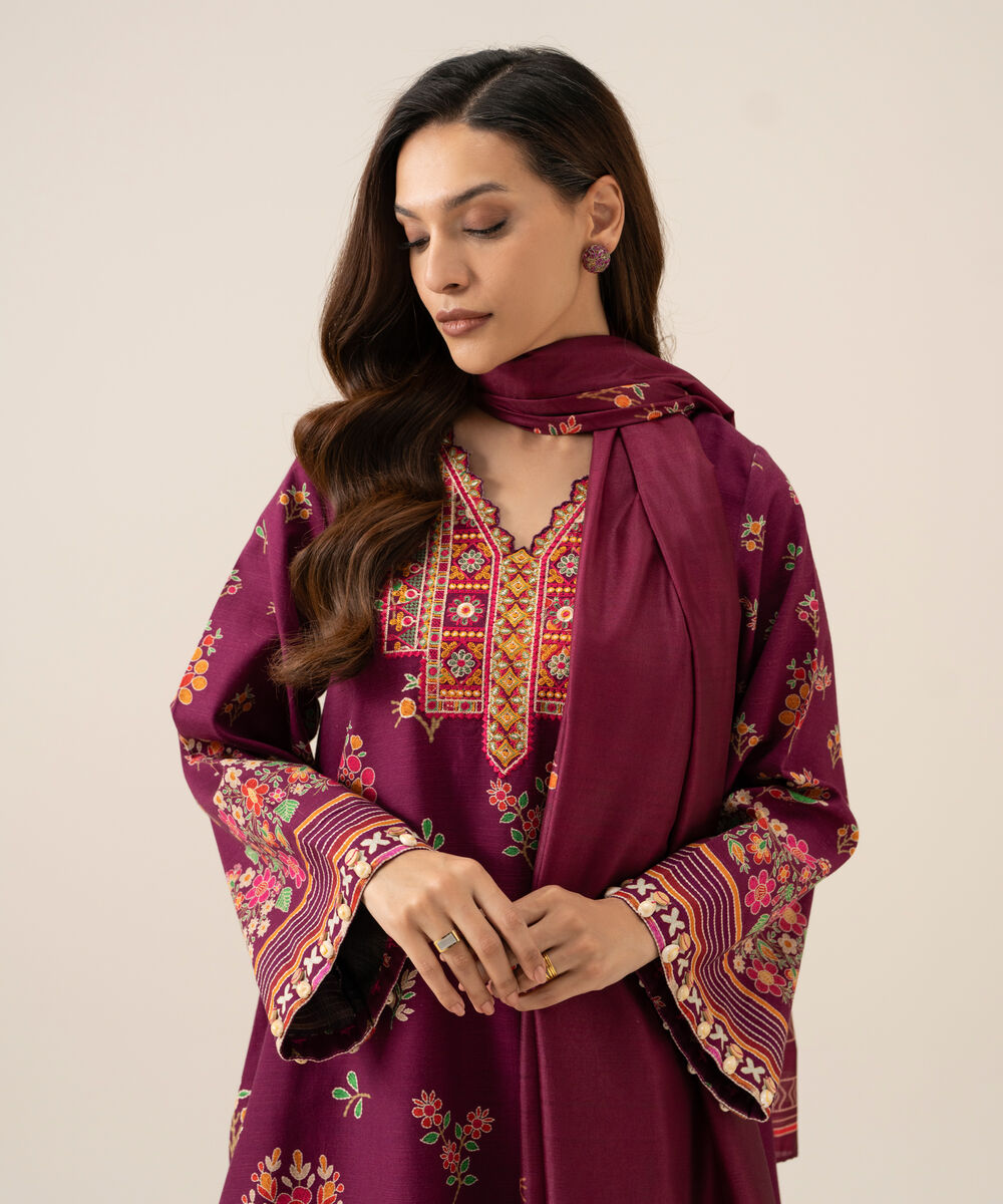 Women's Unstitched Light Khaddar Embroidered Magenta 3 Piece Suit