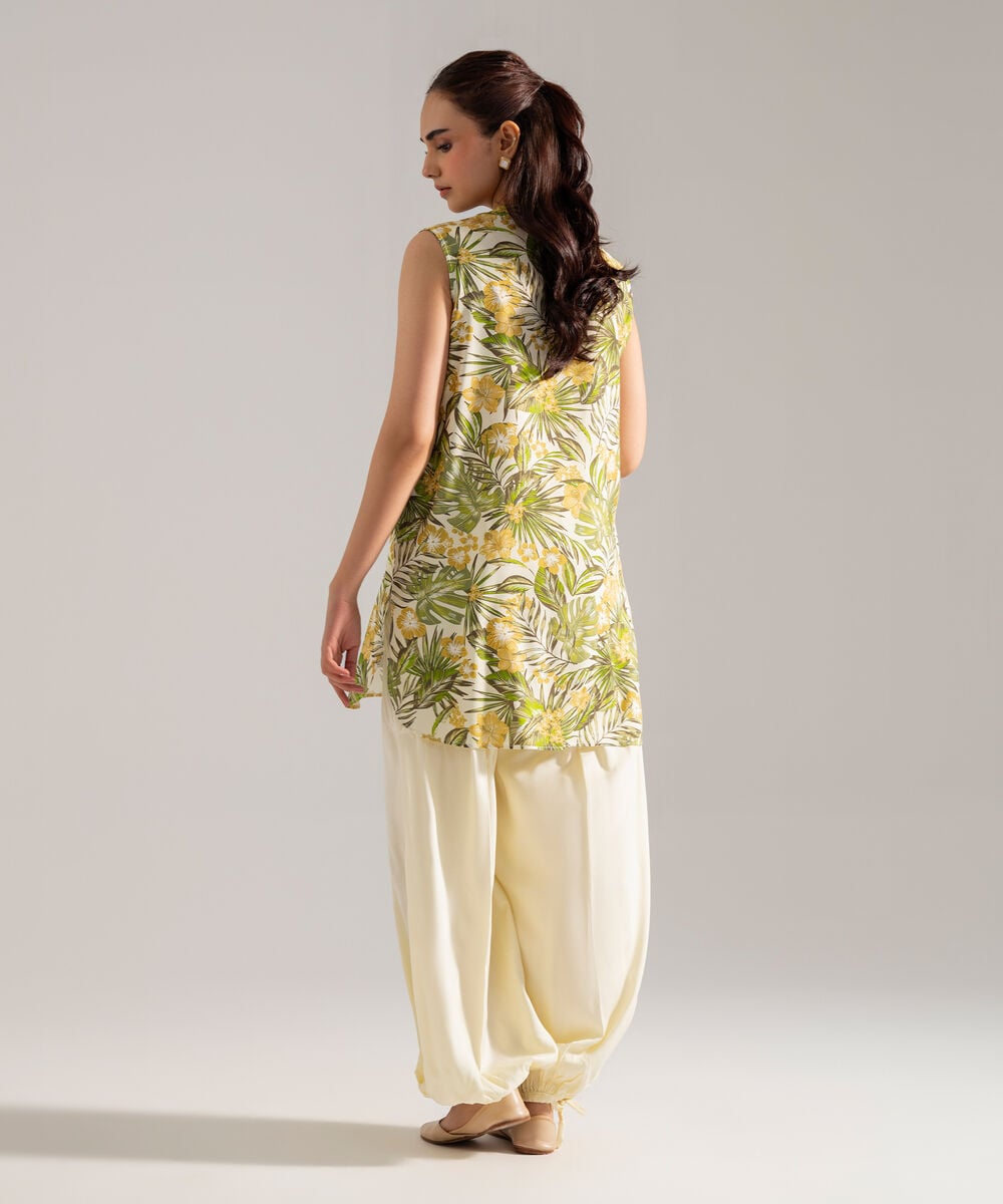 Women's RTW Printed Green Viscose Linen 2 Piece Suit