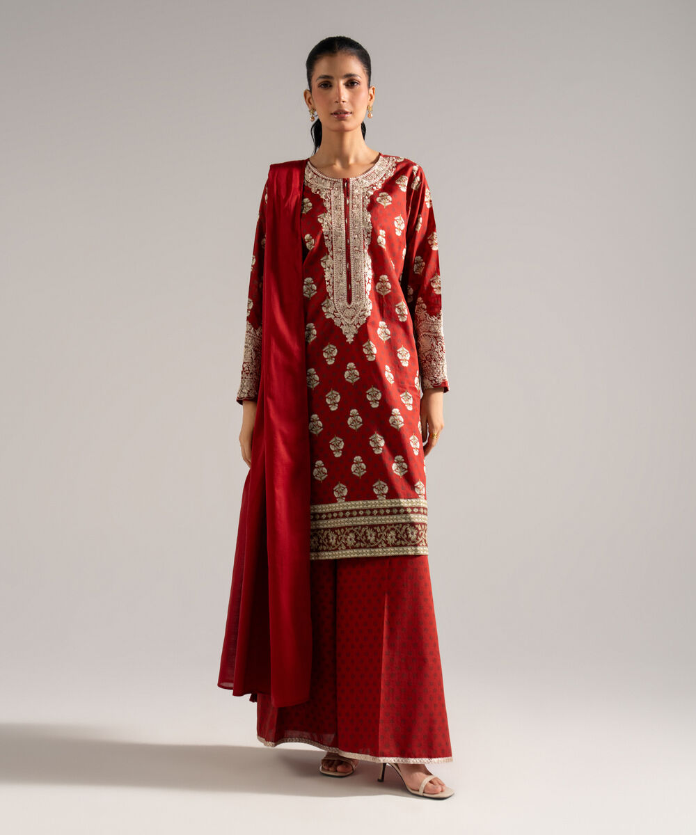 Women's RTW Lawn Embroidered Red 3 Piece Suit