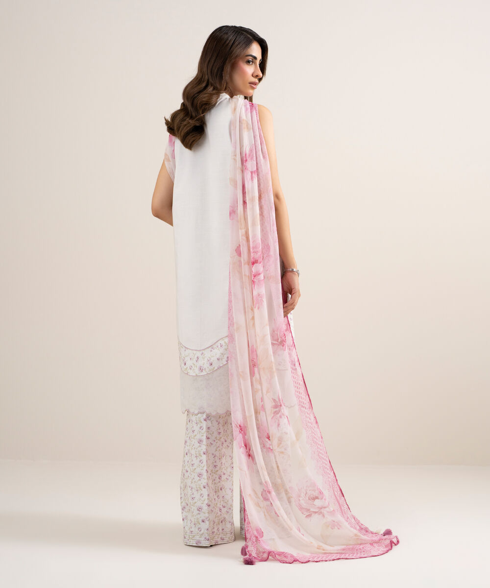 Women's Unstitched Dobby Embroidered Off White 3 Piece Suit