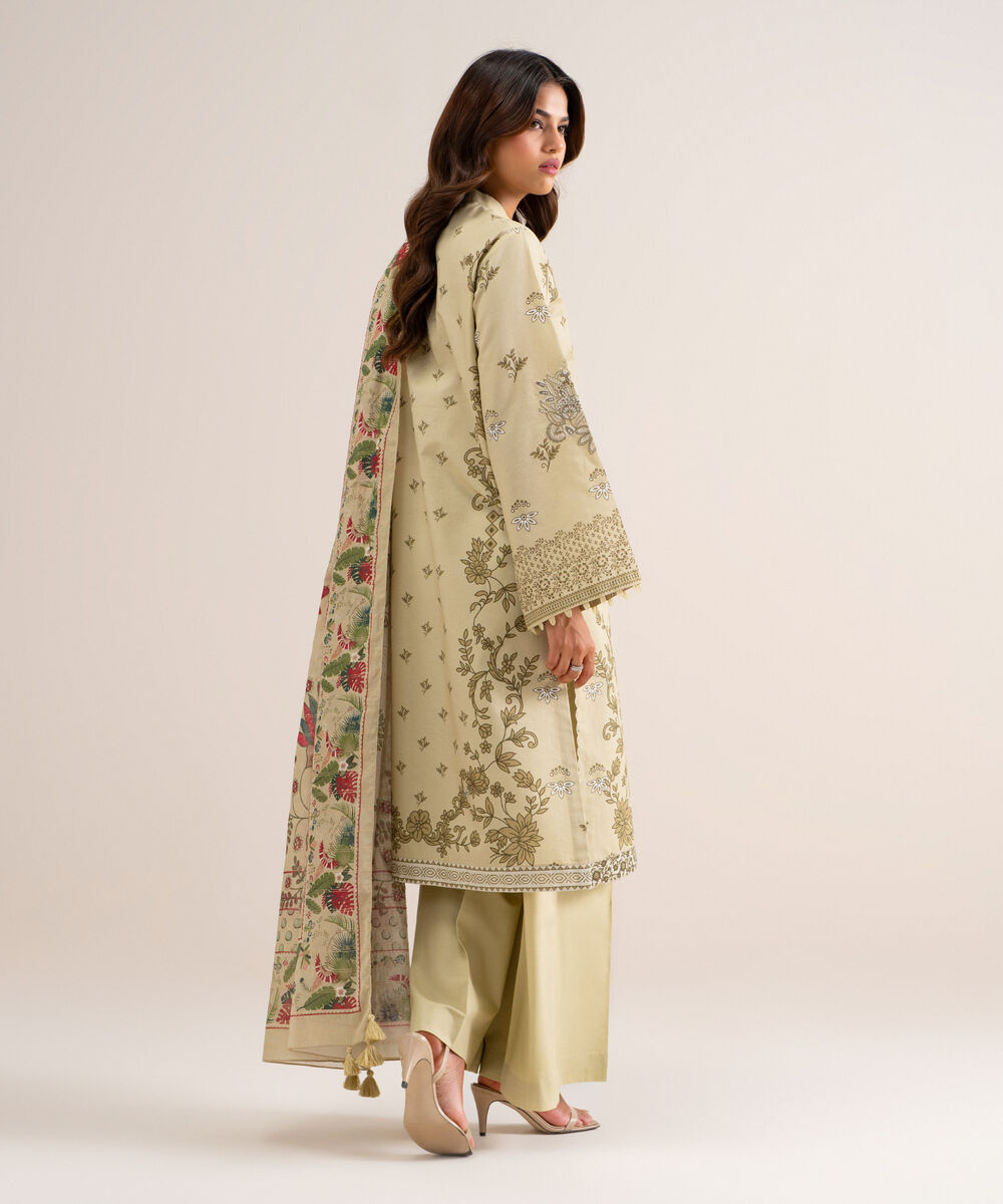 Women's Unstitched Embroidered Cotton Beige 3 Piece Suit
