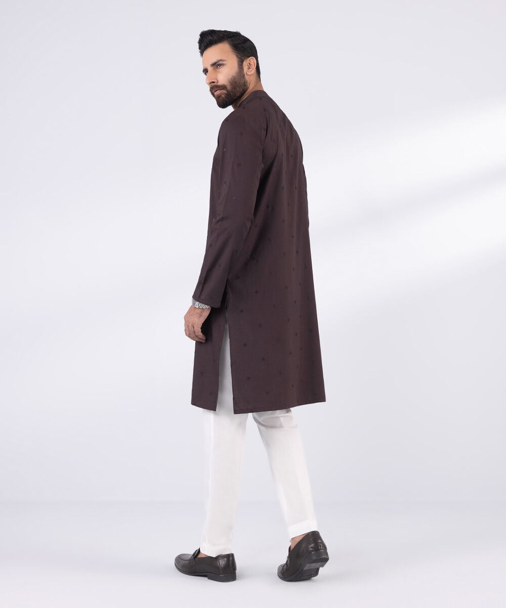 Men's Blended Stitched Embroidered Maroon Kurta