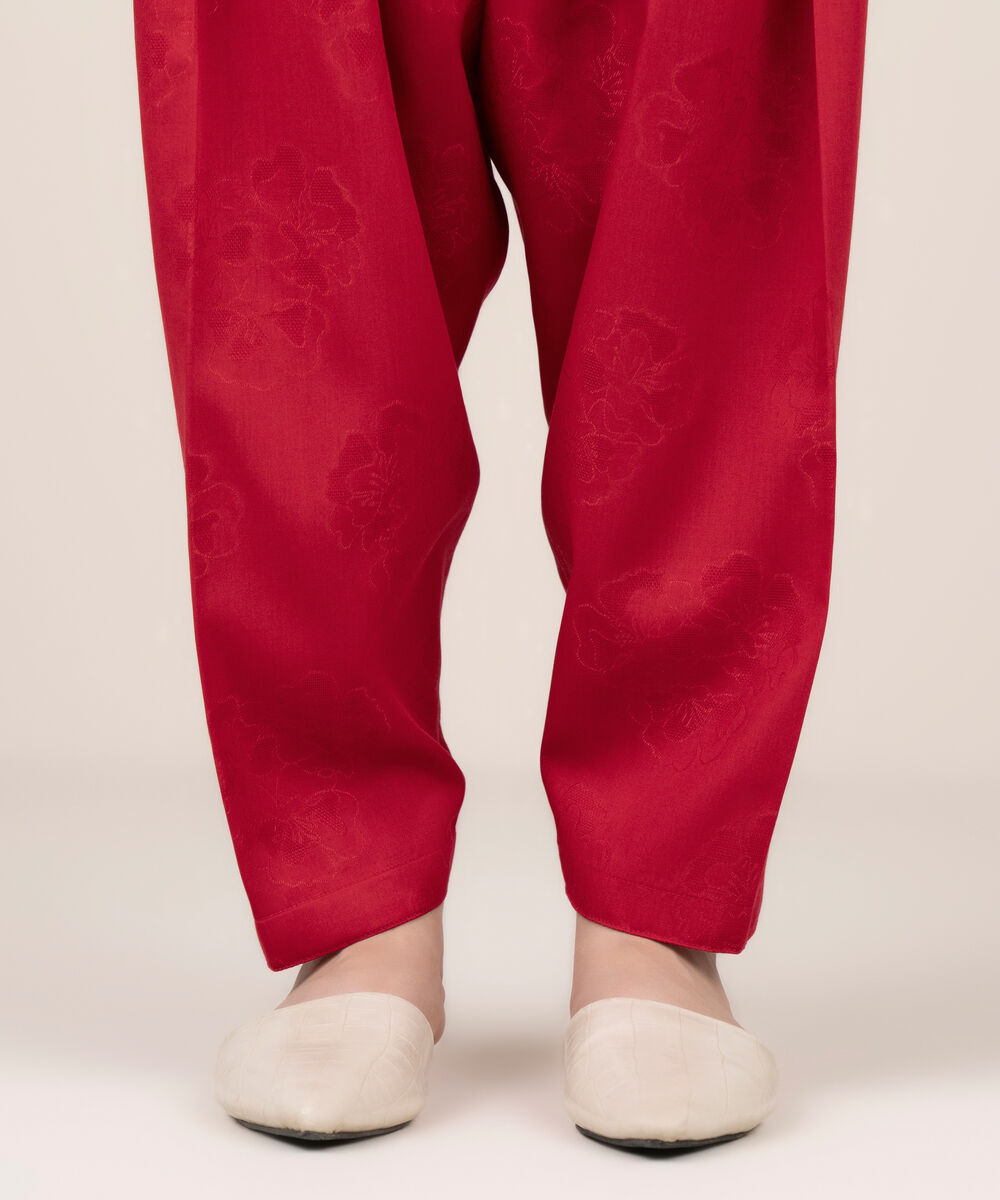 Women's RTW Self Jacquard Leno Solid Red Shalwar
