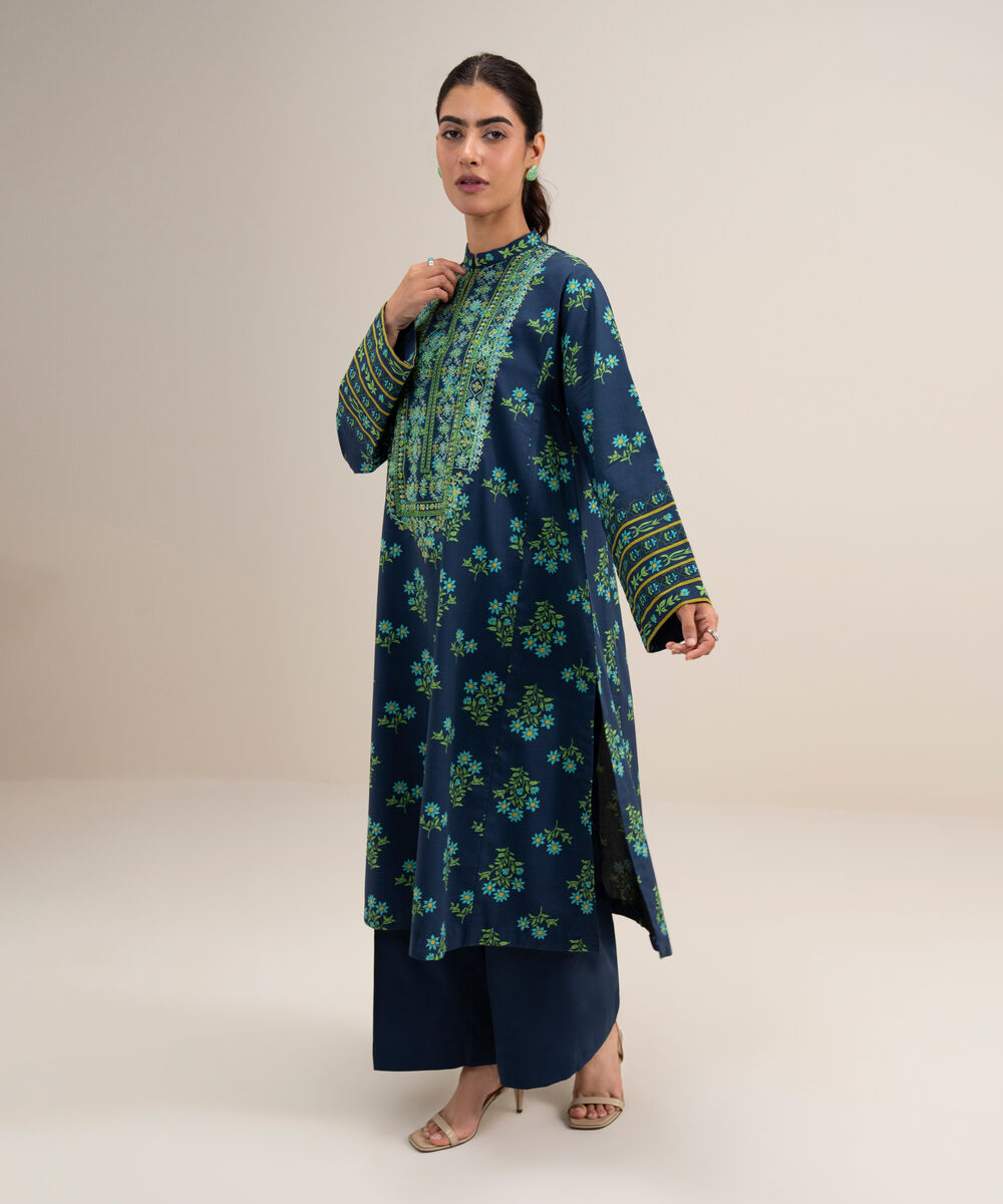 Women's Unstitched Lawn Embroidered Navy Blue 2 Piece Suit