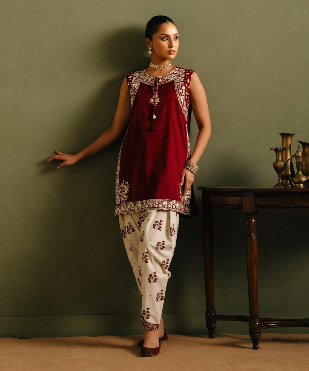 Women's RTW Cotton Embroidered Red Straight Shirt