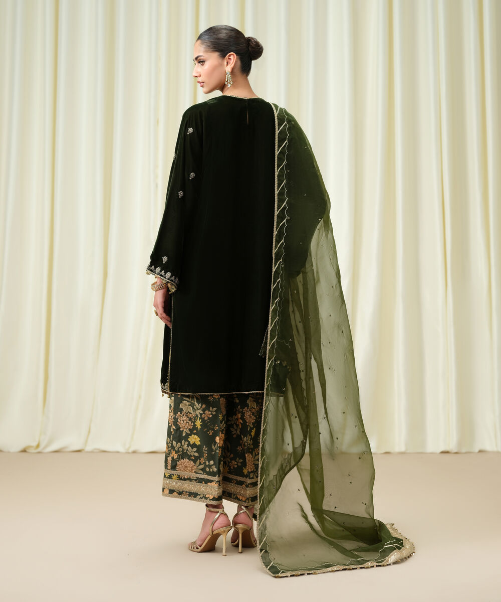 Women's Unstitched Velvet Embroidered Green 3 Piece Suit