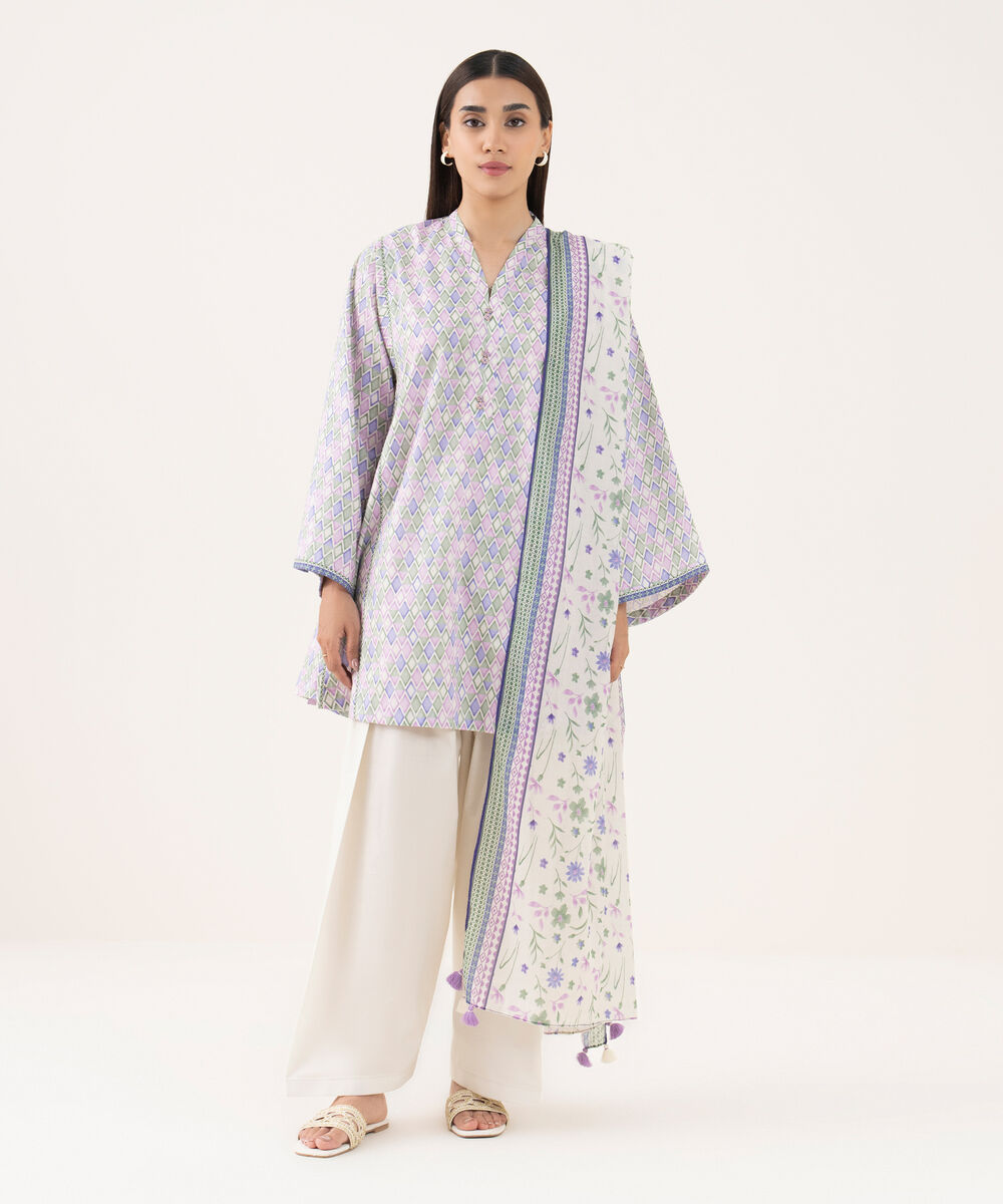 Women's Unstitched Lawn Printed Purple 3 Piece Suit