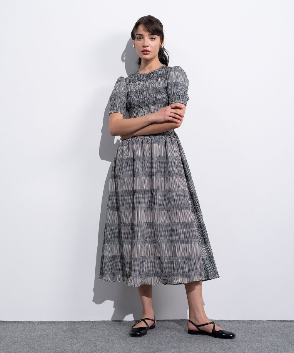 Women's Western Black And White Smocked Seersucker Gingham Dress