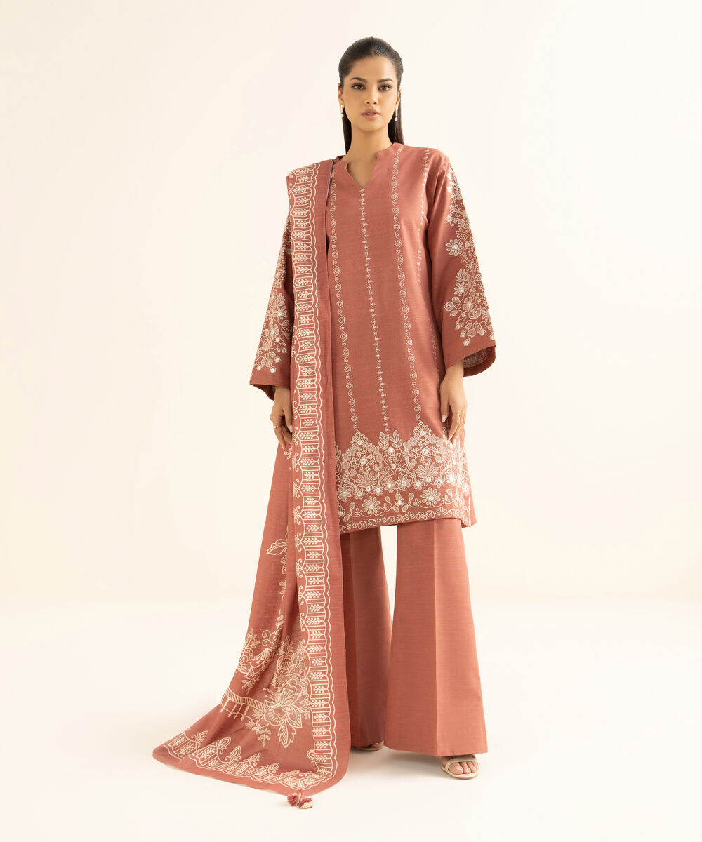Women's Unstitched Cotton Embroidered Pink 3 Piece Suit