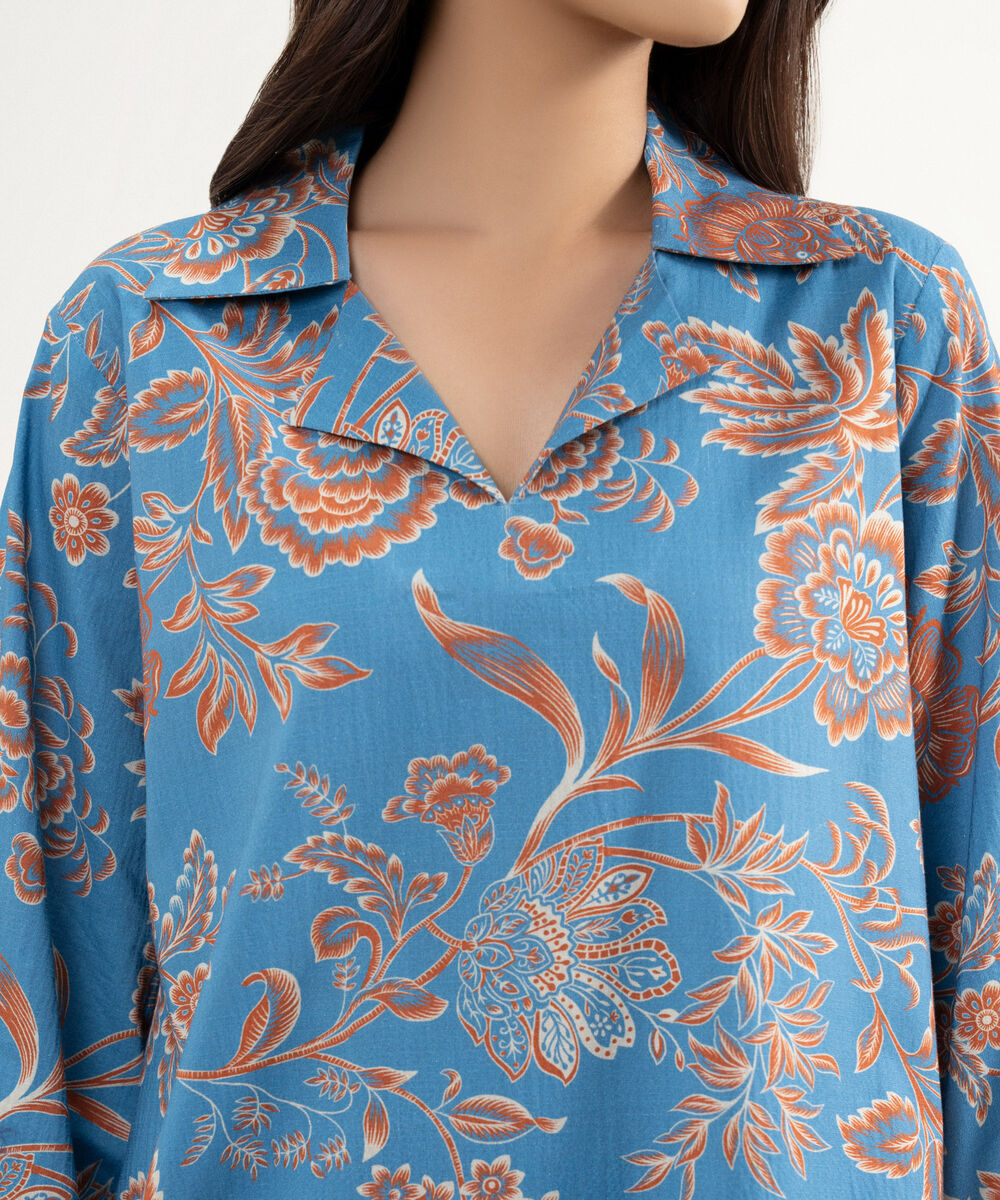 Women's RTW Seersucker Printed Blue Straight Shirt
