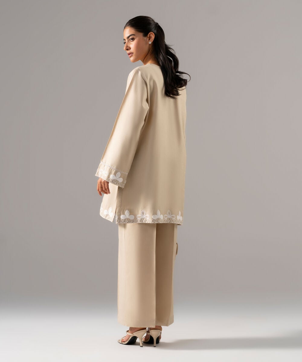 Women's RTW Cotton Linen Embroidered Sand 2 Piece Suit